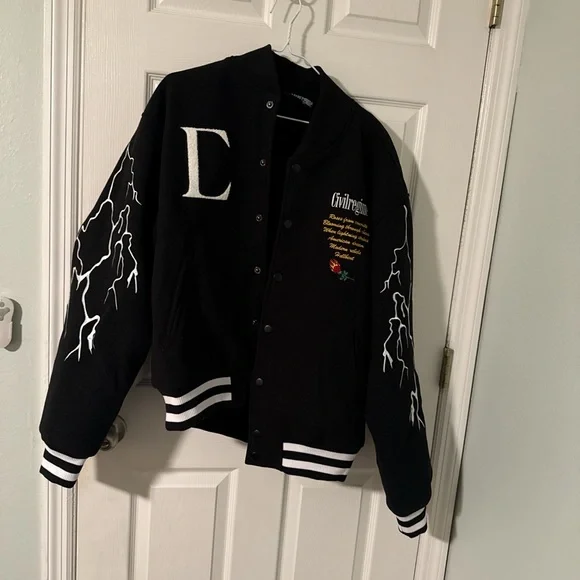 Black Varsity Jacket with White Lightning and Embroidery - Picture 1 of 7